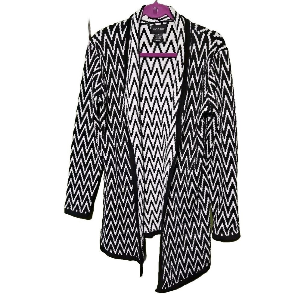 Ladies Focus 2000 Chevron Black And White Striped Lightweight Cardigan,  Sz M